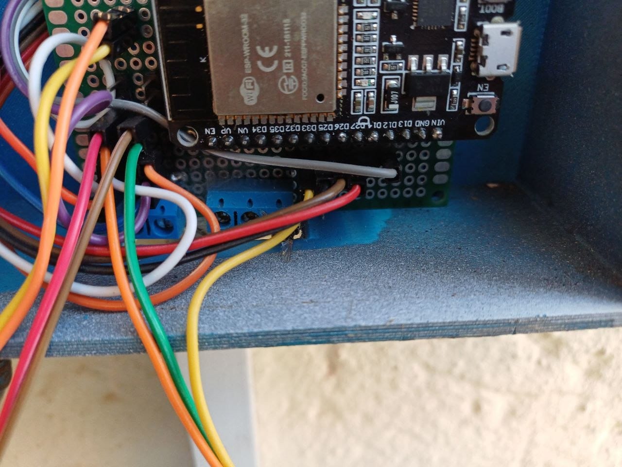 Close up of the wiring around the prototype board, with every sensor wire going into the board