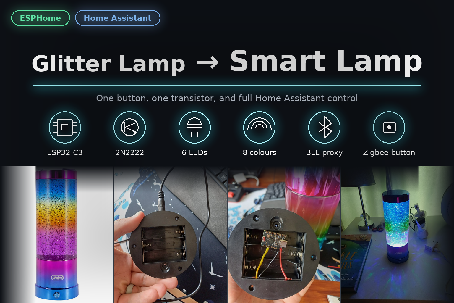 Cover: Glitter Lamp to Smart Lamp, with badges for ESP32-C3, 2N2222, 6 LEDs and Zigbee button, above photos of the real lamp and its installed dev board