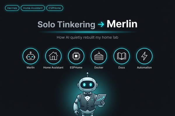 Dark tech-style cover reading Solo Tinkering to Merlin, with Hermes, Home Assistant and ESPHome badges, six circular icons, and a friendly robot butler holding a chart